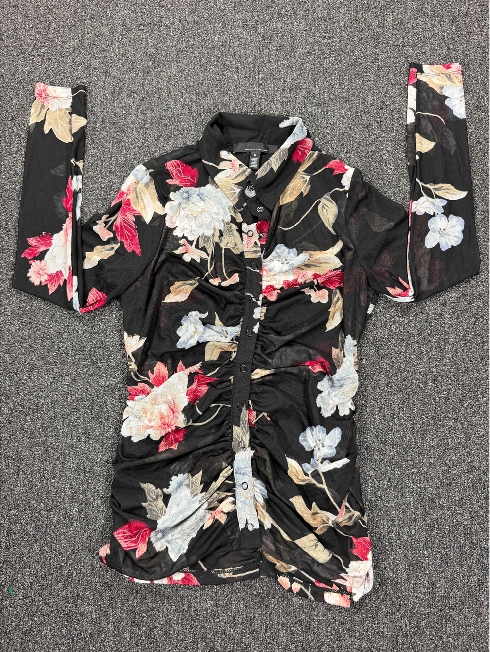 Y2k White House Black Market Floral Ruched long sleeve sheer Button-Up Shirt